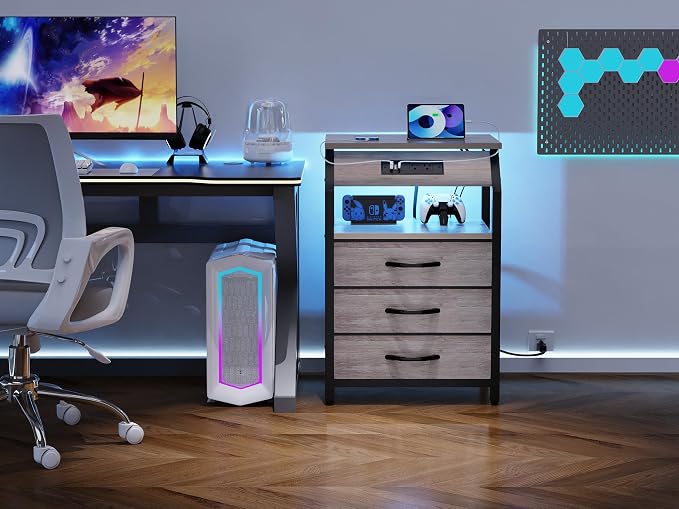 SZLHANJZ Night Stand Set of 2, Nightstands with Charger Station and LED Lights, End Tables Set with 3 Fabric Drawers, Storage Side Tables for Bedside, Living Room, Greige