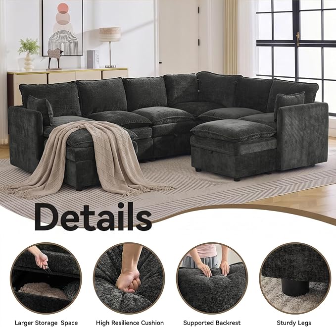 105" Dark Grey Modular Storage Sofa, U Shaped Chenille Couch with Ottoman | Oversized Convertible Sectional Sofa, 6-Seat Sectional Couch With 2 Ottomans, Large Cloud Couch For Living Room, Apartment.