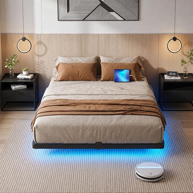 Liians Full Size Modern Floating Bed Frame with Smart LED Lights, USB Charging Station, Sturdy Metal Platform, No Box Spring Needed, and Easy Assembly