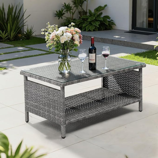 VINGLI Outdoor Wicker CoffeeTable Patio Coffee Tables for Outside, Tempered Glass Top Wicker Table with Storage Coffee Table for Patio Balcony Porch Deck (Gray)