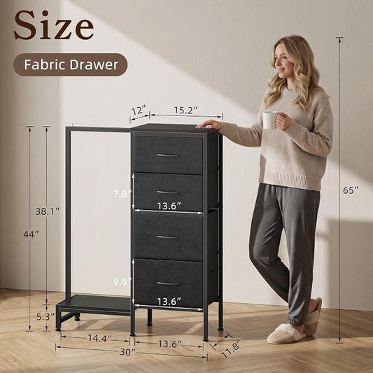 HIGDBFE Tall Dresser 44''H with Hanging Rack, 4 Drawers Small Closet Dresser for Bedroom, Reversible Fabric Chest of Drawers with Clothes Rack, Tall Storage Tower, Sturdy Frame, Black