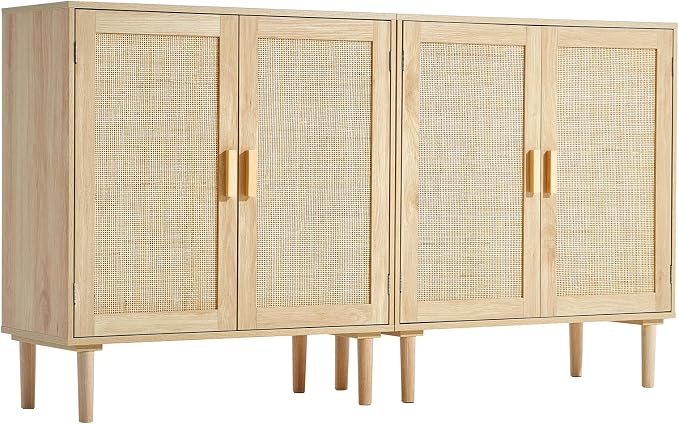 VEVOR Rattan Buffet Cabinet with Storage, 4 Magnetic Doors and Adjustable Shelves, Sideboard for Hallway, Living Room, Kitchen, Natural