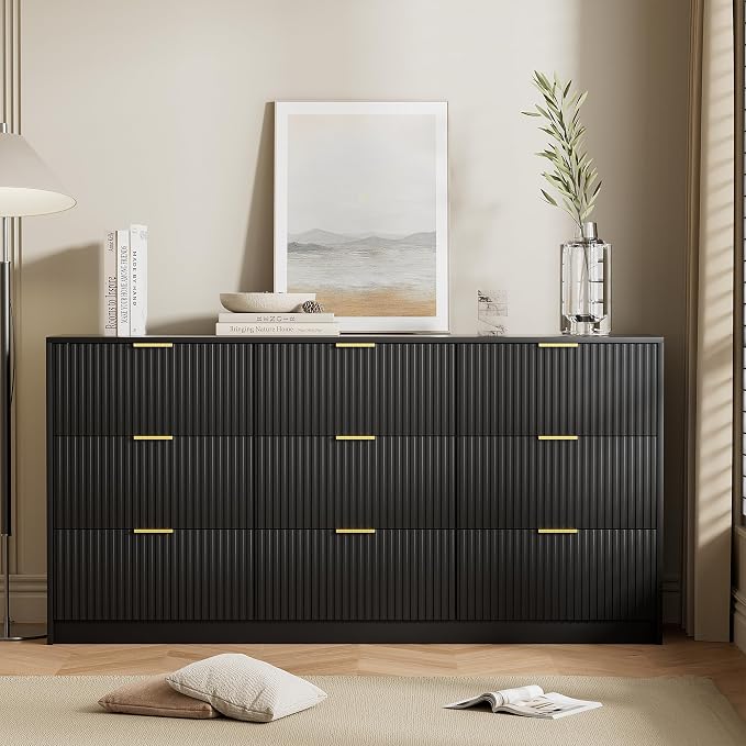 Furniway 3 Piece Bedroom Set, 9 Drawer Dresser and Nightstand Set of 2 with Gold Handles, Modern Wood Chest of Drawers Storage Cabinet for Bedroom, Black