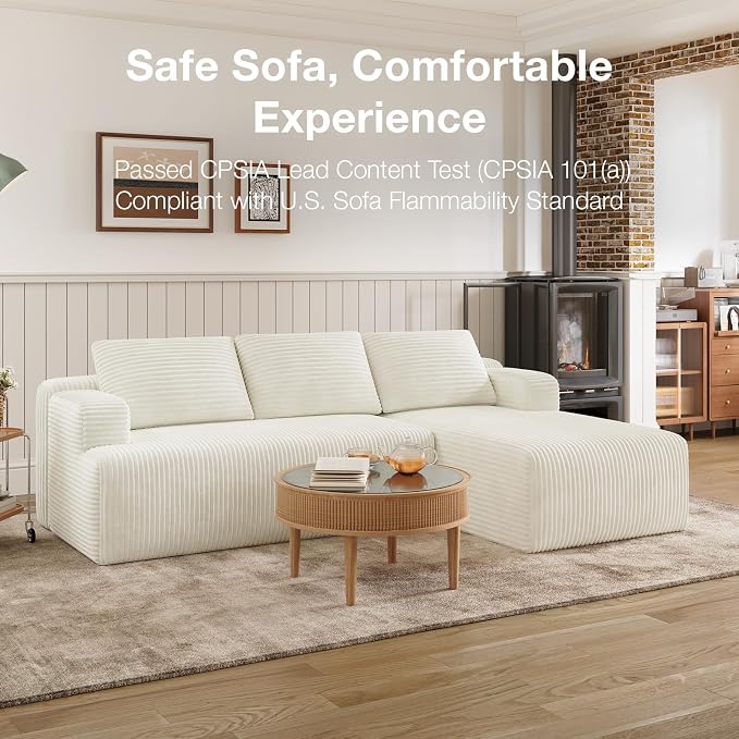 Novilla L-Shape Sectional Couches for Living Room with Smarts Coil® Support, 3 Seater Sectional Sofas for Living Room Bedroom, Corduroy Cloud Couch Sectional, No Assembly(Beige, Right Hand Facing)