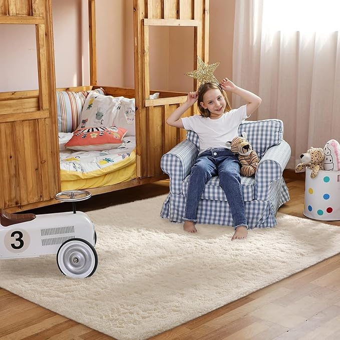 Ophanie Area Rugs for Bedroom, Christmas Upgrade Non-Slip Ivory Fluffy Soft Shag Living Room Carpet, Indoor Floor 4x6 Fuzzy Shaggy Plush Nursery Rug for Kids Dorm Decor with Over 99 pcs Pile fibers