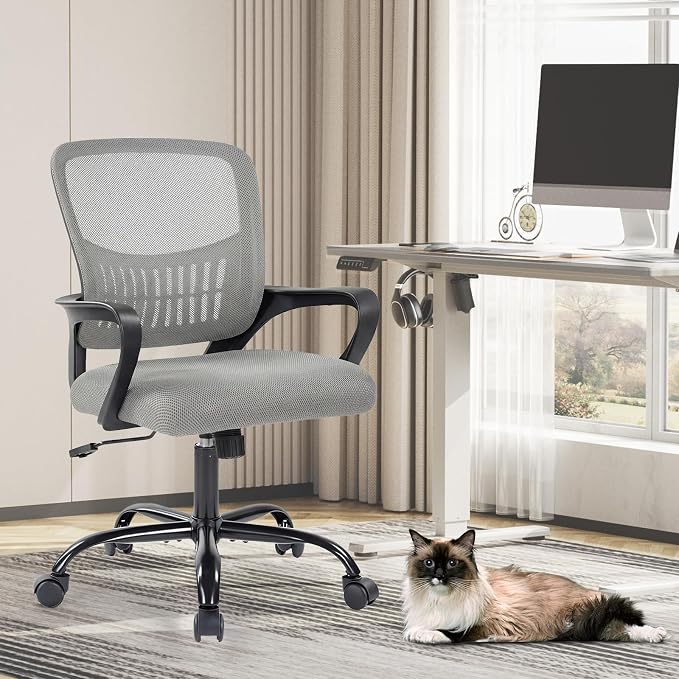 DUMOS Home Office Chair - Ergonomic Mid Back Mesh Desk Chair with Lumbar Support & Rocking Mode, Height Adjustable, Fixed Armrest, for Conference, Computer, 360° Swivel, Adults, Grey