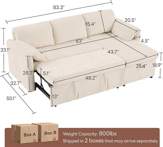 Tbfit 83'' Sleeper Sofa Bed with USB & Storage Chaise, Convertible Pull Out Sofa Bed, Couches for Living Room, Dorm, RV, Small Spaces, White Sherpa