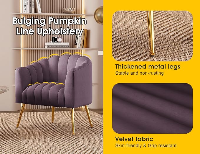 Dewhut Oversized Pumpkin Couch Accent Chair, Modern Comfy Velvet Upholstered Barrel Chairs, Luxury Single Sofa Armchair for Living Room, Waiting Room, Office and Vanity, (Purple)