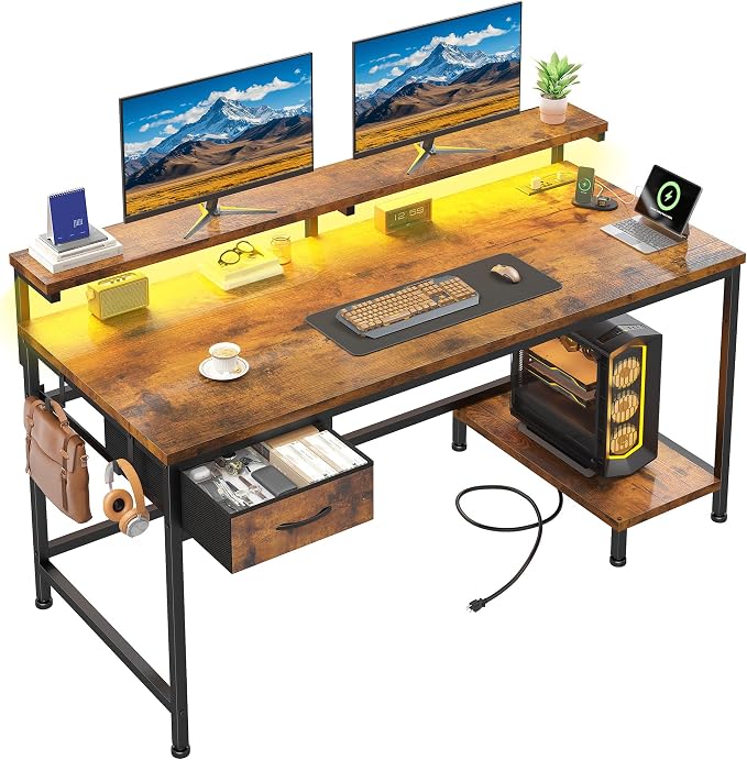 DurayLoly 39.3Inch Office Desk with Power Outlet & Drawer, Gaming Desk with CPU Stand& LED Lights,Computer Desk with Ergonomic Monitor Stand for Small Space,Rustic Brown