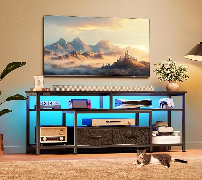 Huuger TV Stand for 55 60 Inch TV, Entertainment Center with Power Outlets and LED Lights, 54 Inch TV Console for Living Room, Media Console with Drawers and Shelves, Black
