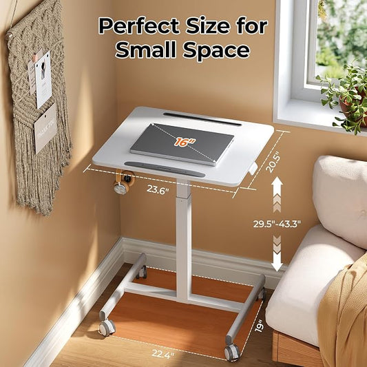 JOY worker Mobile Standing Desk, 23.6" x 20.5" Small Rolling Laptop Cart with 90° Tiltable Desktop, Portable Height Adjustable Sit-Stand Computer Desk on Wheels for Home Office, White