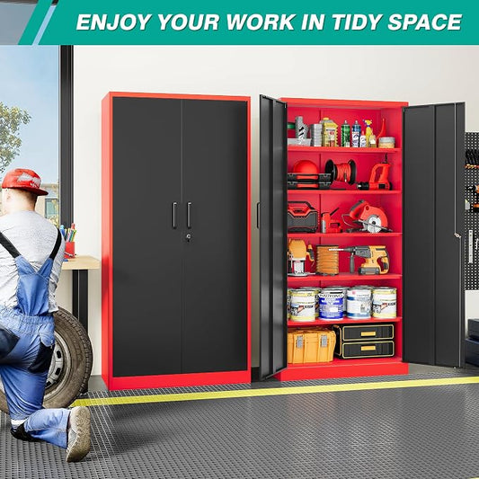 SISESOL Wide & Deep Metal Storage Cabinet with 5 Shelves,72" Tall Red Garage Storage Cabinet with Lock,Metal Cabinets with Locking Doors,Lockable Steel Cabinets for Home,Office,Shop,Garage,72x36x18