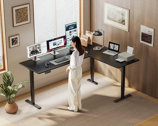 OffiGo 63 Inch Reversible L Shaped Electric Standing Desk, Height Adjustable Corner Stand up Desk, Ergonomic Large Lift Computer Table for Home, Office, Workstation, Black