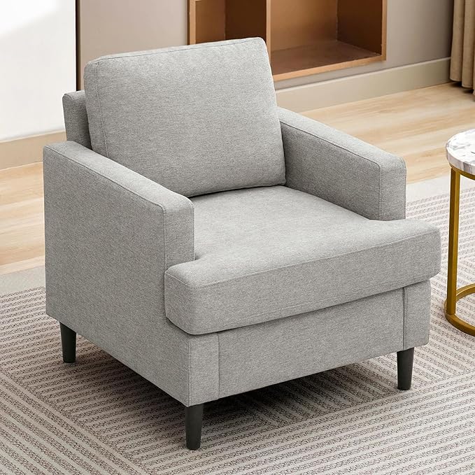 Weture Mid-Century Accent Chair,Modern Linen Fabric Armchair for Living Room,Comfy Upholstered Reading Accent Chairs for Bedroom,Single Sofa Chair with Wood Legs (Light Grey, 1 Pack)
