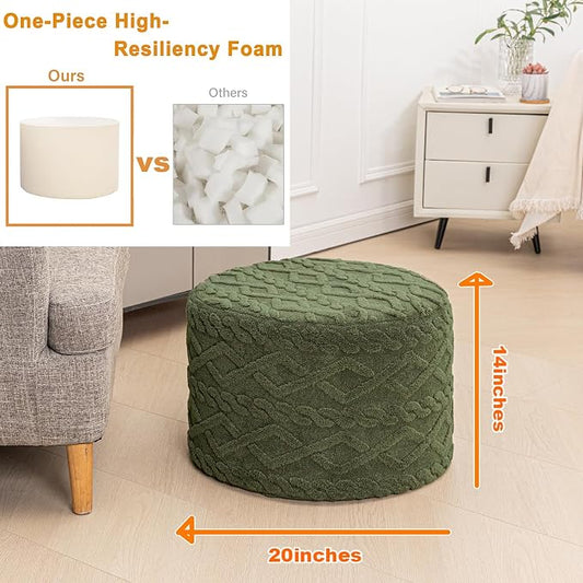Poofieotto 20"x14" Round Foam Stuffed Pouf Ottoman - Modern Floor Foot Rest & Seating for Living Room, Bedroom, or Couch - Stylish Home Decor Accent (Forest Green)