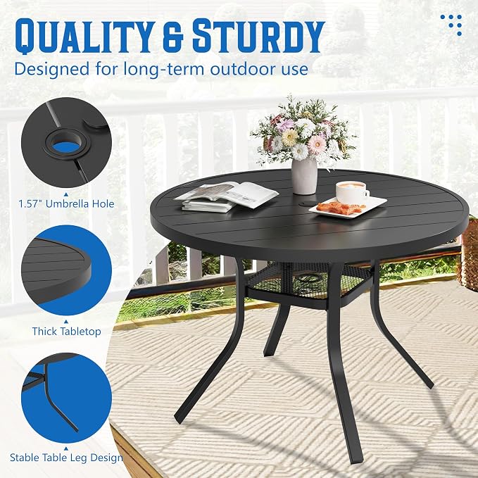 SUNCROWN 5-Piece Outdoor Dining Set, Patio Furniture Set with 4 x Textilene Dinning Chairs and 41" Metal Round Table with Umbrella Hole for Lawn Garden Backyard Deck, Blue