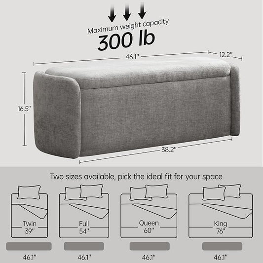 VKNOW 46" Oval Storage Ottoman Bench, Upholstered End of Bed Bench Ottomans Bench Foot Rest, Sherpa Storage Bench for Bedroom, Living Room and Hallway, Light Grey
