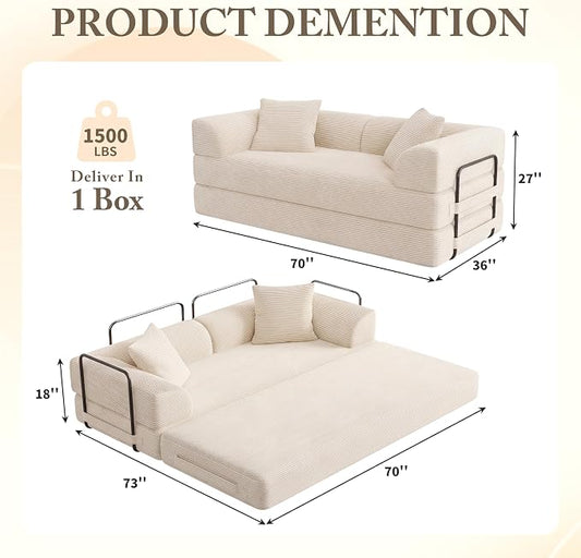 Cloud Boneless Convertible Floor Sofa Bed, 70" 5-in-1 Foldable Compressed Loveseat Lounge Sleeper 2 Seater Couches, High-Density Sponge & Corduroy Fabric Futon Daybed for Living Room Bedroom(Beige)