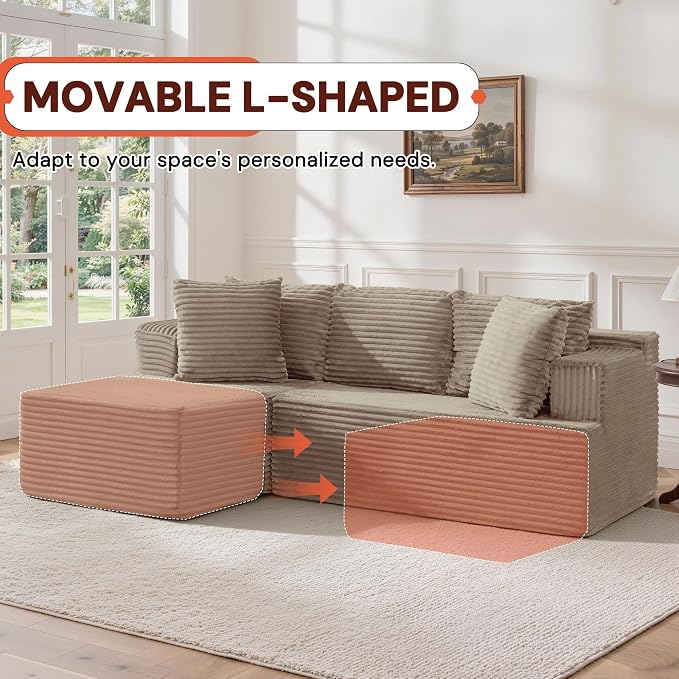 Korser Boneless Couches for Living Room, Cloud Couch Sectional with Ottoman, L-Shaped Sofa with Fluffy Comfy Corduroy Deep Seat, Bedroom, Apartment, No Assembly Required