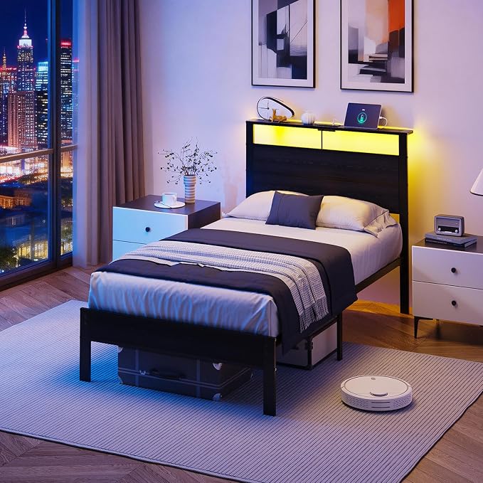 Twin Bed Frame with LED Lights & USB Charging Station, Black Metal Platform Bed with Storage Headboard, Under-Bed Space, Noise-Free & Sturdy, No Box Spring Needed, Easy Assembly