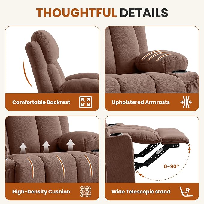 MAHOMICO Swivel Rocker Recliner Chair with Vibration Massage and Heat for Living Room,with Rocking Function and Side Pocket, USB Charge Port,2 Cup Holders