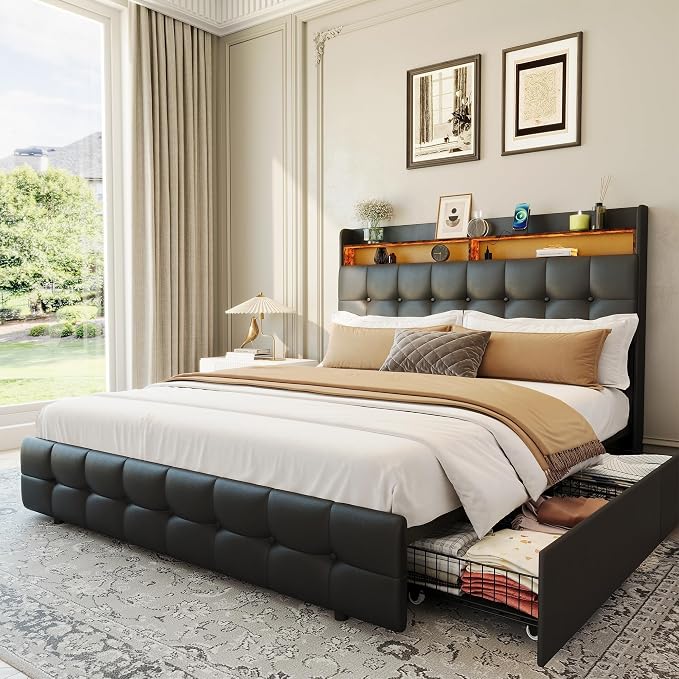 IDEALHOUSE Full Size Upholstered Bed Frame Fabric with Storage Drawers and LED Lights, Headboard and Frame for Cozy Bedroom Sets Upgrades