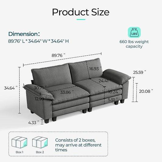 LINSY HOME 90" Modular Cloud Love Seat Sofa, Corduroy Soft Sectional Couch, Modern Comfy Love Seat, Perfect for Living Room, Apartment, Office, Grey