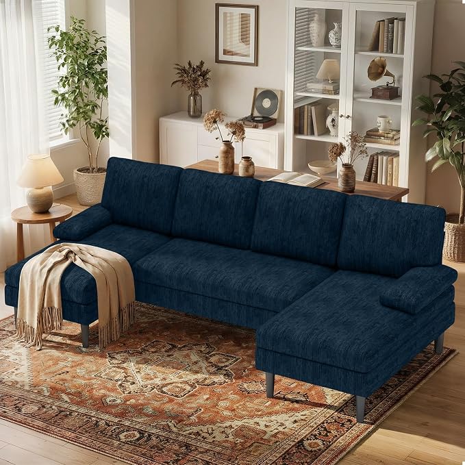 Korser U-Shaped Sectional Couches for Living Room, 101" Modular Sofa Set with Double Chaise, 4-Seat Chenille Couch with High-Density Foam for Apartment, Blue