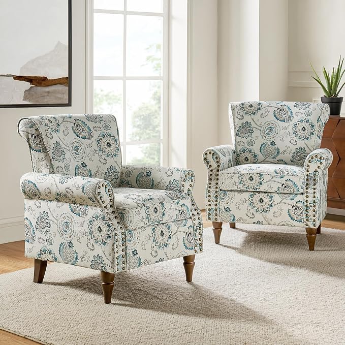 HULALA HOME Modern Wingback Accent Chairs Set of 2 with Wood Legs & Removable Cushion, Comfy Upholstered Armchairs with Nailhead Trim, Floral Pattern Single Sofa Chairs for Living Room, Medallion