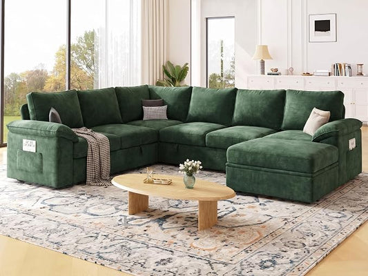 108 Inch Modular Sectional Sofa with Pull Out Bed,U Shaped 7 Seat Sectional Sleeper Sofa with Storage,Sectional Couches for Living Room,Cloud Modular Couch,Removable Sofa Cover,Green
