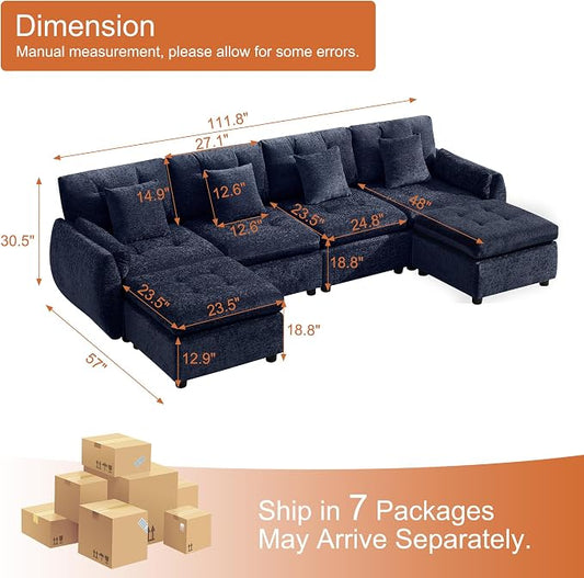 112" U Shaped Modular Sectional Cloud Sofa with 2 Ottomans, Oversized Deep Seat Tufted Chenille 6-Seater Couch with Curved Arms, Upholstered Sofas for Living Room, Blue