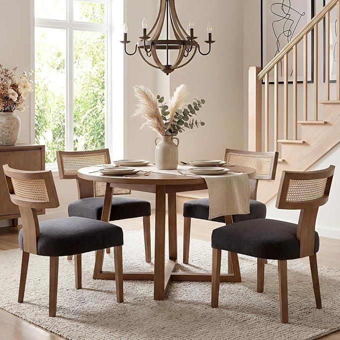 HNY Mid Century Modern Rattan Dining Chairs Set of 6, Farmhouse Linen Upholstered Accent Chair Curved Backrest Kitchen Chairs, with Hardwood Frame, Charcoal