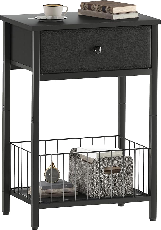 Small nightstand, Bed Side Tables Bedroom, Black Side Table, end Table with Drawer, one Drawer nightstand, Black end Table LNT0061BK