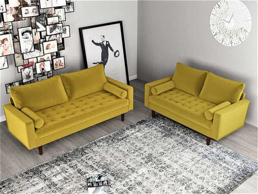 Container Furniture Direct Womble Mid Century Modern Velvet Upholstered Tufted Seat with Bolster Pillows, Loveseat, Sofa, Goldenrod