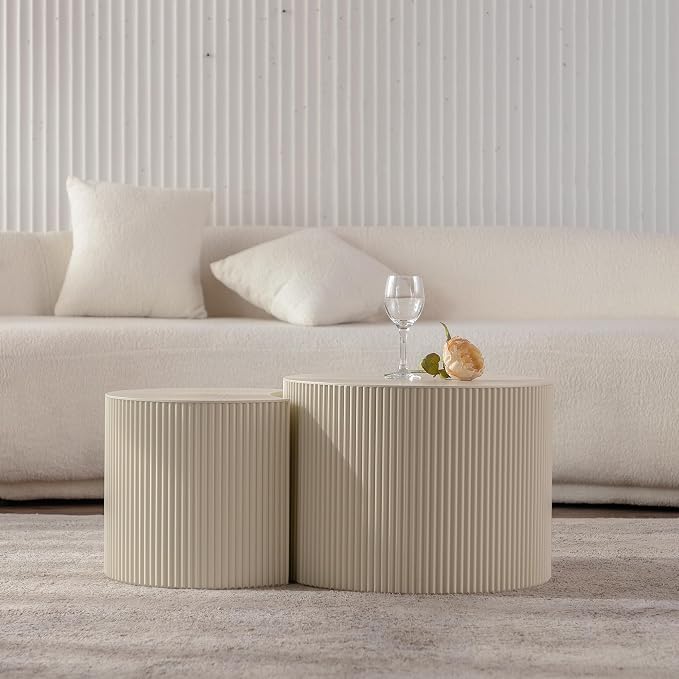 Round Wood Coffee Table Set od 2 for Small Space, Morden End Table, Fluted Side Table, Circle Wooden Center Table for Living Room, Fully Assembled