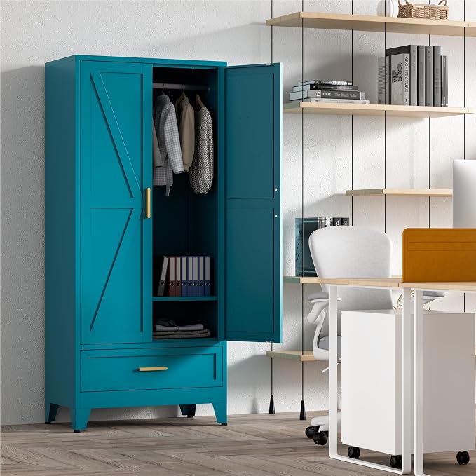 Washsemba 71'' Farmhouse Metal Wardrobe Cabinet with Hanging Rod, 2 Barn Door Wardrobe Closet with Adjustable Shelves,Drawer,for Dining Room,Bedroom,Living Room, Cloak Room,Office (Peacock Blue)