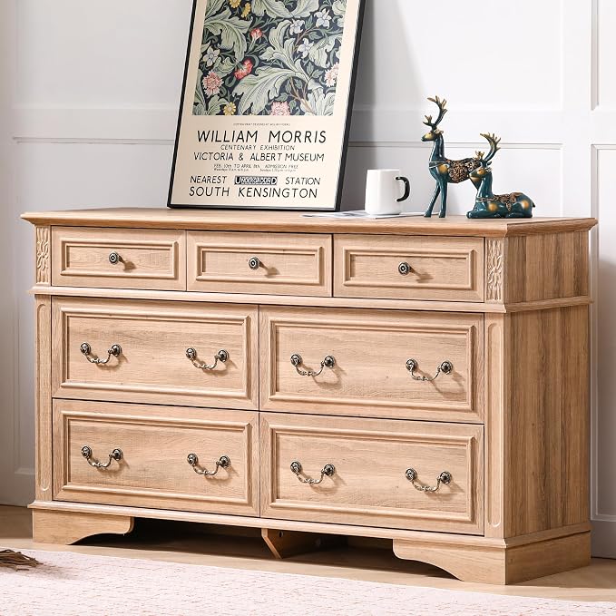 ENOUSHUFarmhouse Dresser and Nightstand Sets, 6-Drawer with 7 Drawer Dresser & 3 Drawer Nightstand Sets, 3 Pieces Rustic Wood Bedroom Furniture Set for Home, Bedroom, Hallway(Natural)