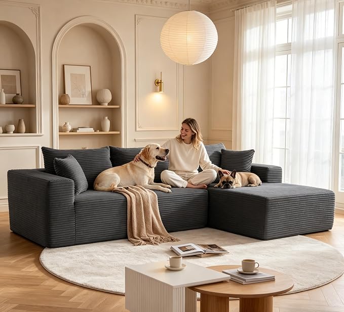 Mangodan 110” Cloud Sectional Couch, Boneless Sofa for Living Room, Modular Sectional Sofa with Deep Seat, Fluffy Couch with L-Shaped Chaise, No Assembly Required (Right-Facing Chaise, Dark Grey)