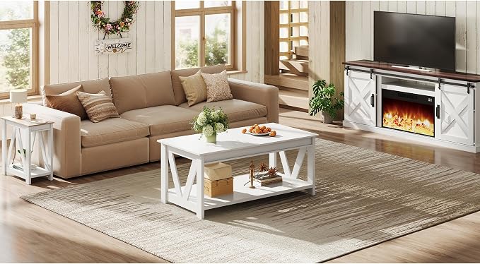 WLIVE Coffee Table with Storage Shelf, 39.4" Farmhouse Coffee Table with V-Frame Support, 2-Tier Wood Rustic Center Table for Living Room, Bedroom & Balcony, All White