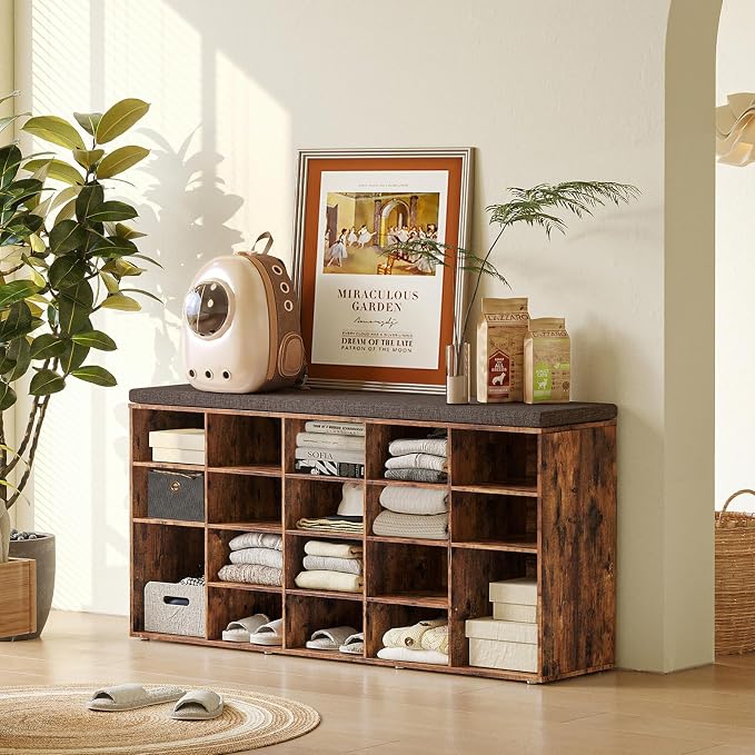 DINZI LVJ Shoe Storage Bench, 20-Cubby Shoe Rack Bench with Cushion, Fully Adjustable Shelves, Shoe Organizer for Closet, Entryway, Mudroom, Hallway and Garage, Rustic Brown