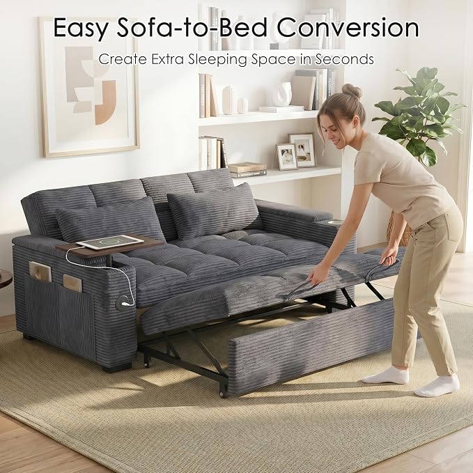 65'' Sleeper Sofa Bed, Pull Out Couch with 360° Swivel Side Table | USB Port | Cup Holder | Adjustable Backrest, Loveseat Corduroy Fabric for Living Room, Apartment, Office (Darkgray)