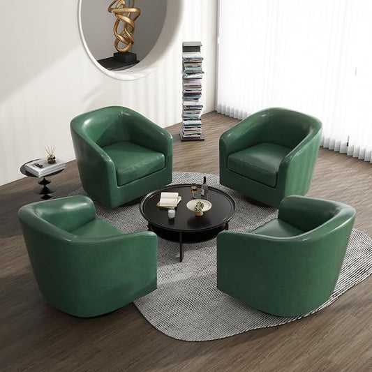 360° Swivel Barrel Accent Chair Armchair, PU Leather Round Club Arm Chair for Lving Room, Modern Upholstered Small Bedroom Single Sofa Seat - Green, Set of 4