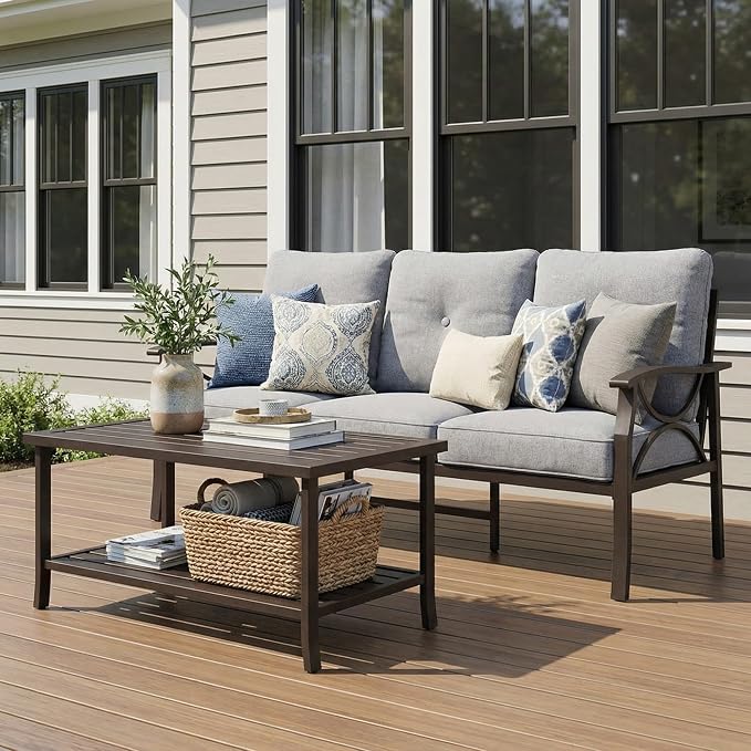 RoyalCraft 3 Seats Outdoor Patio Furniture Set, Outdoor Metal Sectional Furniture with Cushions, Outdoor Conversation Set with Coffee Table for Balcony, Backyard, Garden, Deck, Grey