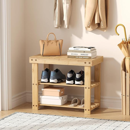 DUMOS Wooden Shoe Rack Bench with Storage, 3-Tier Bamboo Entryway Benches, Shoe Rack Holds Up to 286 lb Storage Organizer, 11.3 x 19.7 x 17.8 Inches, Suitable for Bedroom Living Room Balcony, Wood