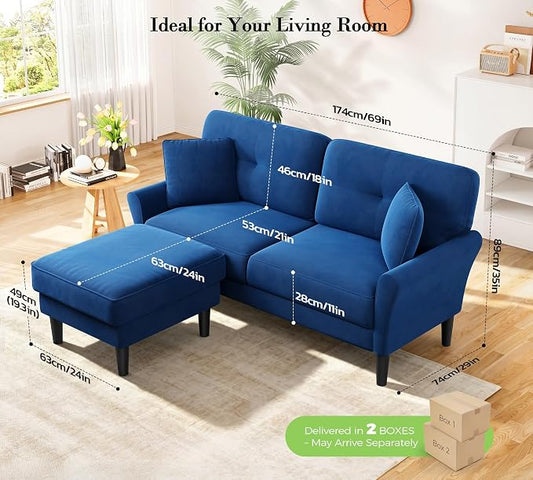 Kidirect Small Sectional Couch, 69" L Shaped Couch, Sectional Sofa, Blue | Comfy Velvet Couch, Tool-Free Setup, 750lb Max Load, Movable Ottoman, Ideal for Living Room, Bedroom, Apartment, Office