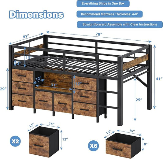 Einhomn Twin Low Loft Bed with 8 Drawers, Bookshelf, Heavy Duty Metal Kids Loft Bed with 13 Inch Safety Guardrail, Play Curtain, Under-Bed Play Area - Rustic Brown