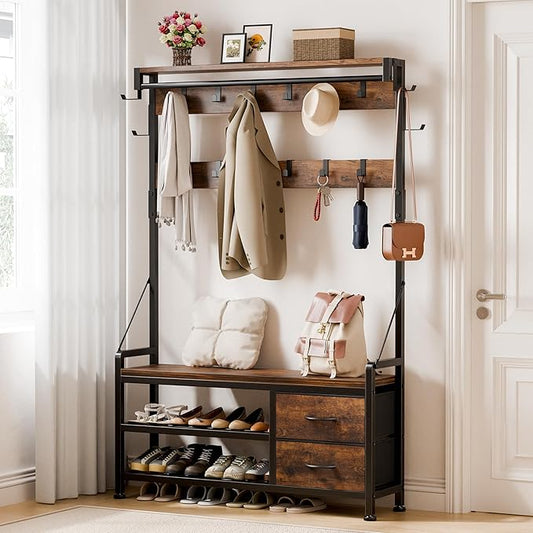 Lulive Hall Tree with Bench and Shoe Storage, 39.4” Entryway Bench with Coat Rack freestanding, 5 in 1 Entryway Furniture Organizer Large Coat and Shoe Rack with 21 Hooks and Drawers, Rustic Brown