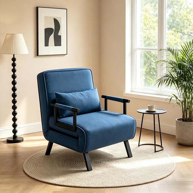 5 in 1 Convertible Bed Sleeper Chair, Chair Bed for Adults with 5 Adjustable Backrest, Folding Chaise Lounge Couch with Pillow, Comfortable for Living Room Bedroom Apartment Office, Blue