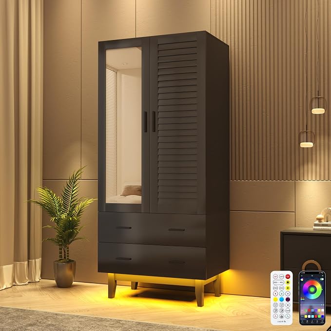 Hlivelood 2 Door Armoire Wardrobe Closet Cabinet with Mirror, Drawers and LED Lights, Multi-Tier Shelves, Hanging Rod & 2 Louver Doors, Large Capacity Storage Wardrobe Armoire for Bedroom, Black