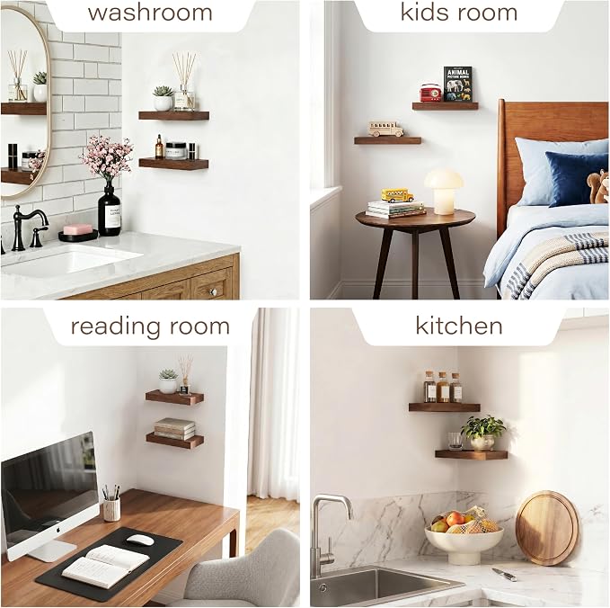 Walnut Floating Shelves for Wall Set of 2,11.8 Inch Wooden Wall Shelves for Bedroom,Bathroom,Kitchen